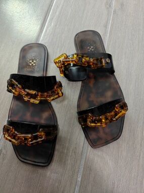 Vince Camuto Black Slide Sandals with Tortoiseshell Chain